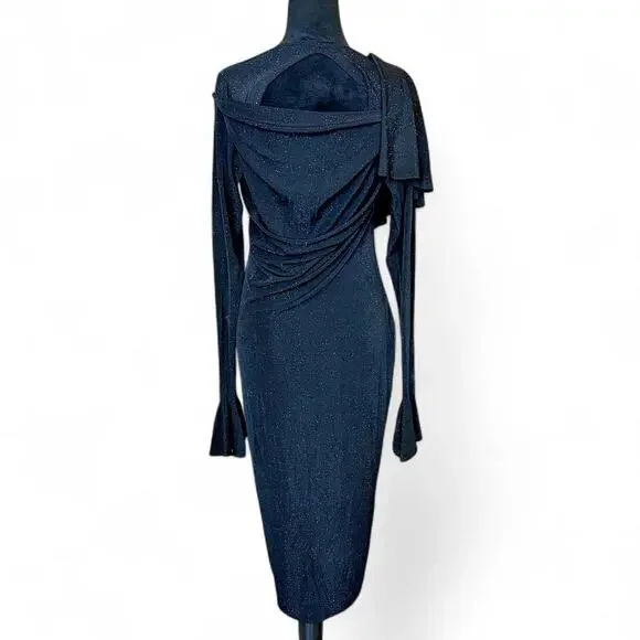 Black Draped Cutout Midi Dress – Minimalist Asymmetrical L - Picture 1 of 8